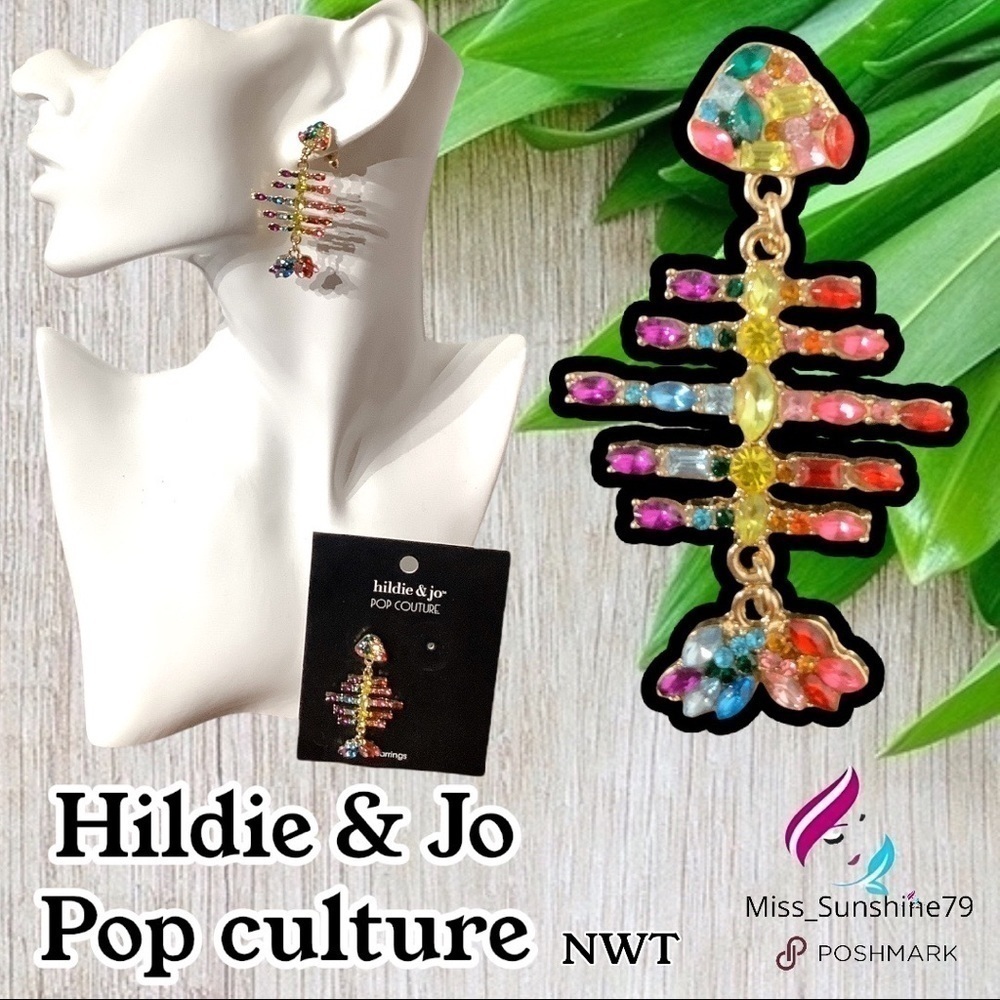 Hildie & Jo NWT - dangle fish bling multi color earrings skeleton fish bone